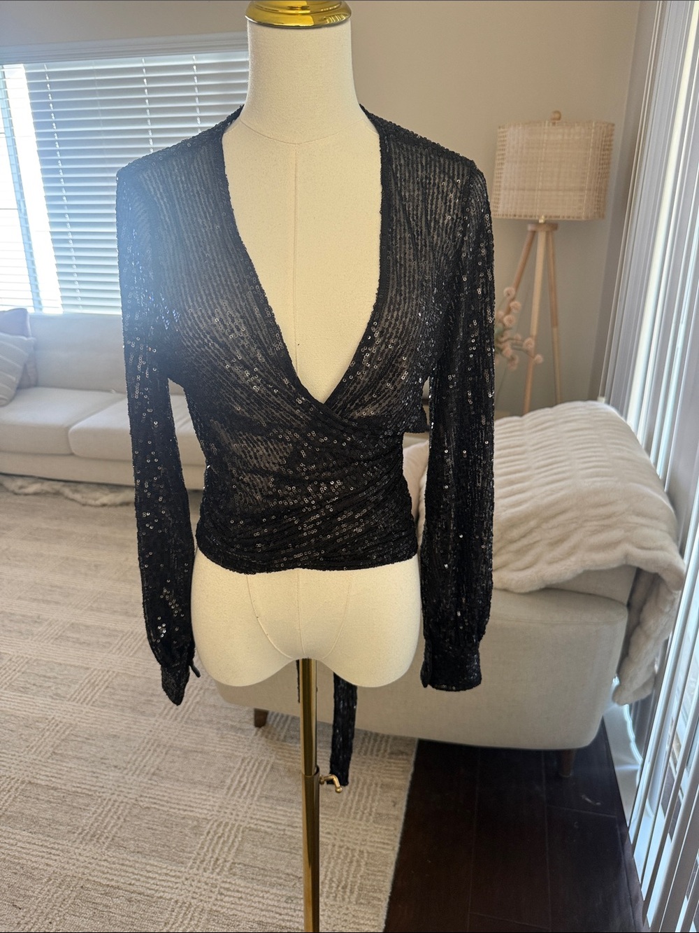 Lioness Black Sequin Wrap-Style V-Neck Top